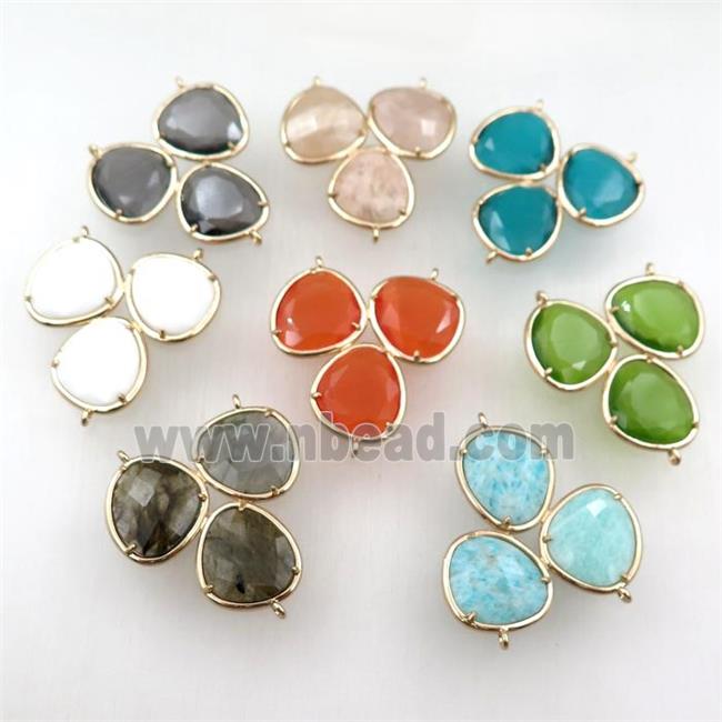 mixed gemstone connector with 3loops, triangle, gold plated