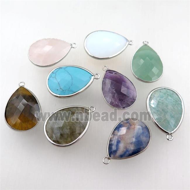 mix gemstone pendant, faceted teardrop, platinum plated