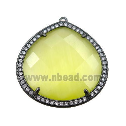 yellow cats eye stone peandant paved rhonestone, faceted teardrop