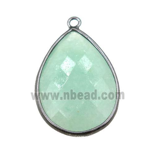 green Aventurine pendant, faceted teardrop, black plated