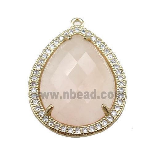 Rose Quartz pendant pave rhinestone, faceted teardrop