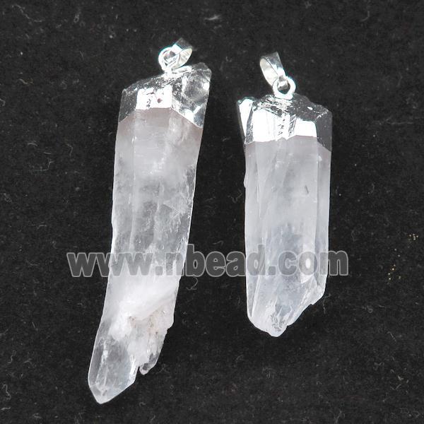 Clear Quartz stick pendant, silver plated