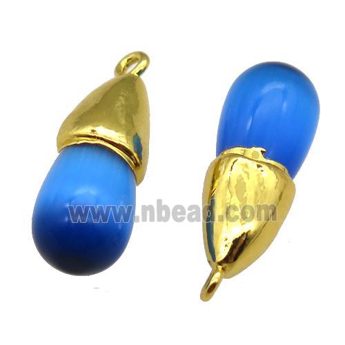 blue Cat eye stone pendant, teardrop, gold plated