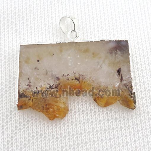 yellow Citrine Druzy slice pendant, silver plated