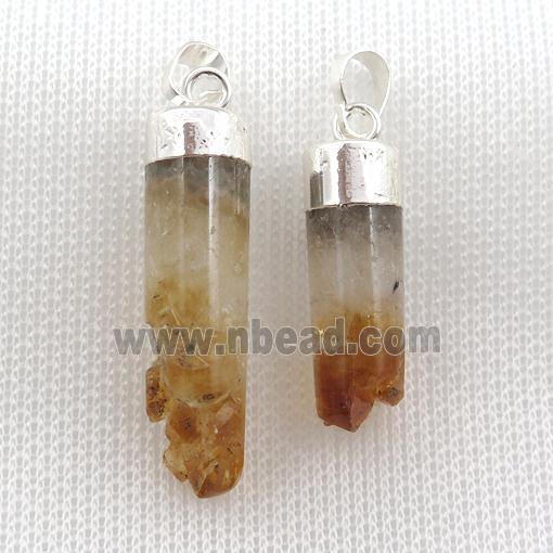 yellow Citrine Druzy column pendant, silver plated