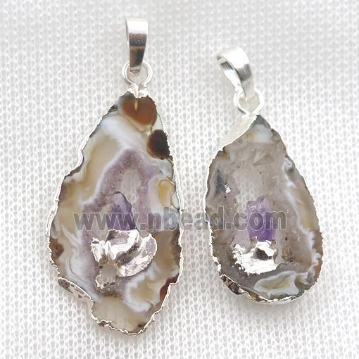 Agate Druzy slab pendant, silver plated