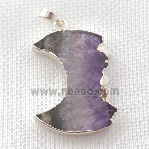 Amethyst Druzy moon pendant, silver plated