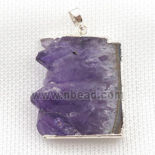 Amethyst Druzy slice pendant, silver plated