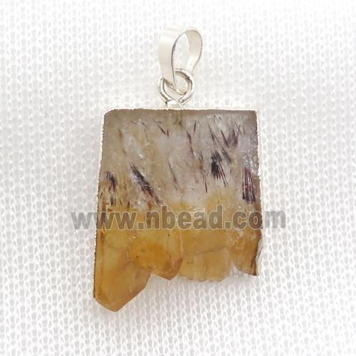 yellow Citrine Druzy slab pendant, silver plated