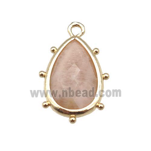 peach Sunstone teardrop pendant, faceted, gold plated