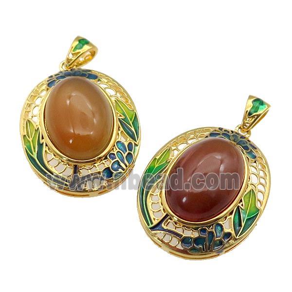 copper Oval pendant with carnelian, enamel, gold plated