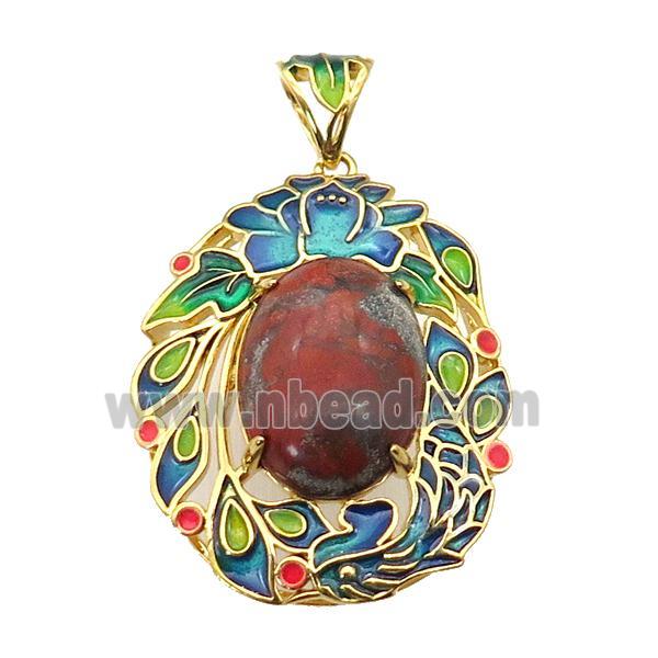 copper Oval pendant with red jasper, enamel, gold plated