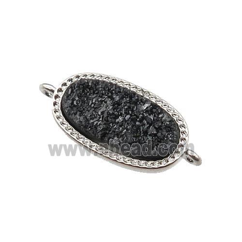 black druzy quartz oval connector, platinum plated