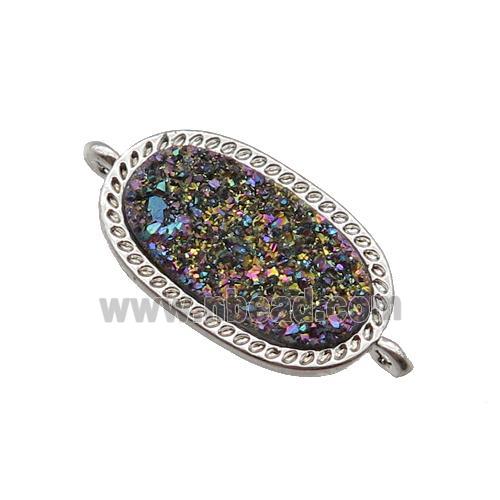 rainbow druzy quartz oval connector, platinum plated