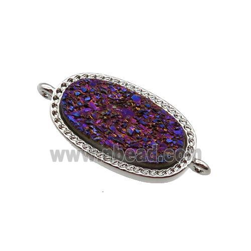 purple druzy quartz oval connector, platinum plated