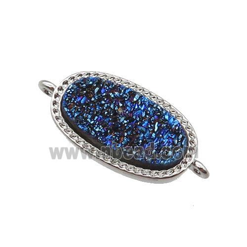 blue druzy quartz oval connector, platinum plated