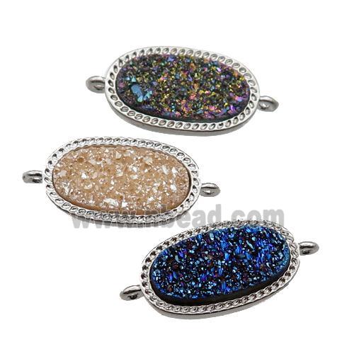 druzy quartz oval connector, platinum plated, mixed