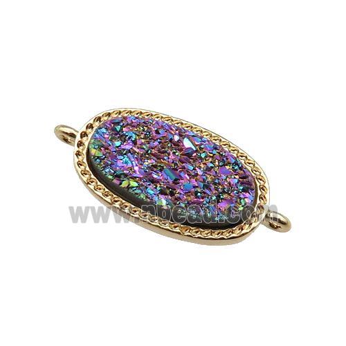 rainbow druzy quartz oval connector, gold plated