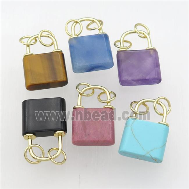 mixed Gemstone Lock pendant, gold plated