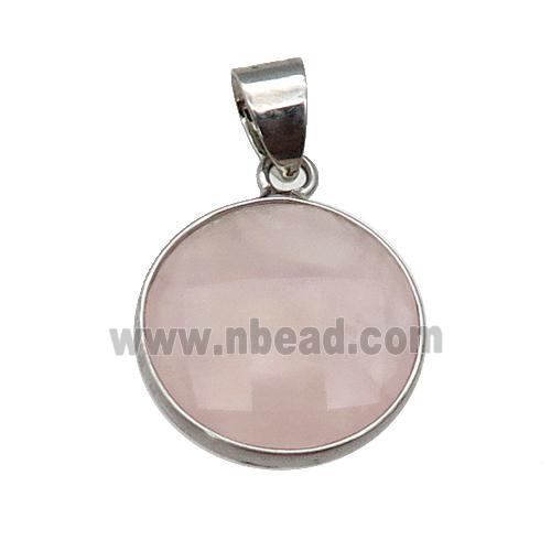 Rose Quartz coin pendant, platinum plated