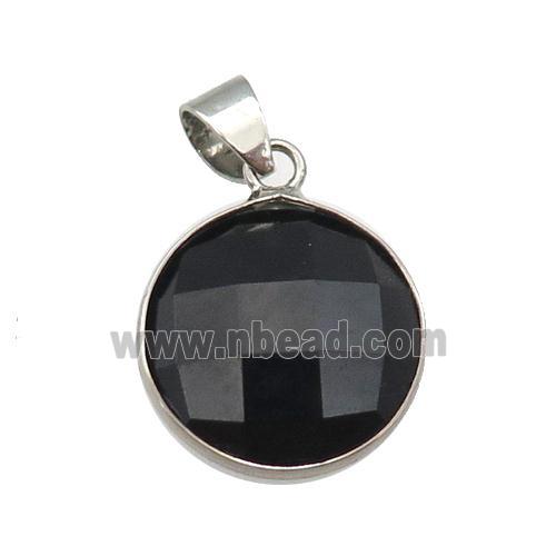 black Onyx Agate circle pendant, platinum plated