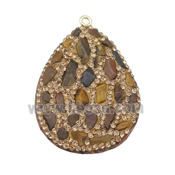 Tiger eye stone teardrop pendant pave rhinestone