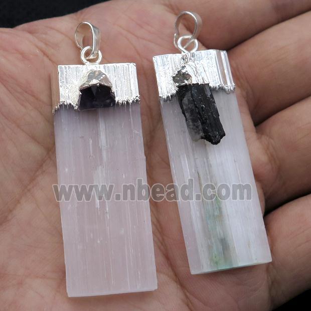 white Selenite stick pendant, silver plated