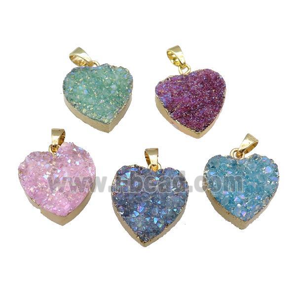 Mix Quartz Druzy Heart Pendant AB-Color Gold Plated