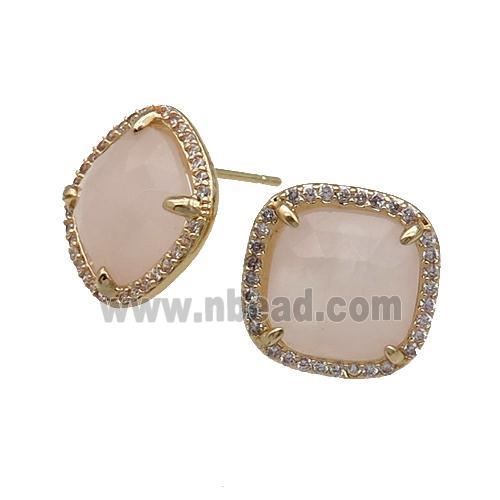 Rose Quartz Stud Earring Square Gold Plated