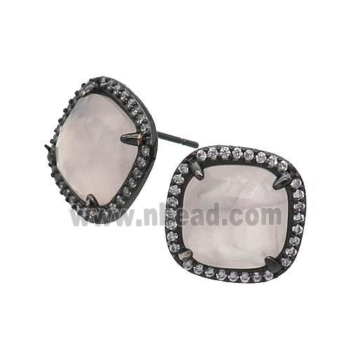 Rose Quartz Stud Earring Square Black Plated