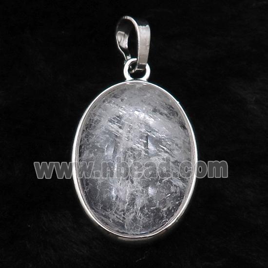 Clear Quartz Oval Pendant Platinum Plated