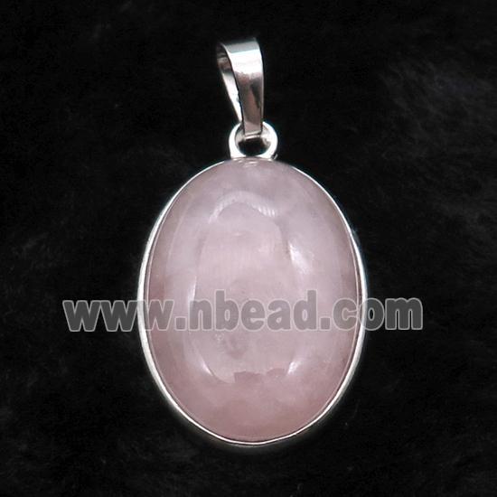 Pink Rose Quartz Oval Pendant Platinum Plated