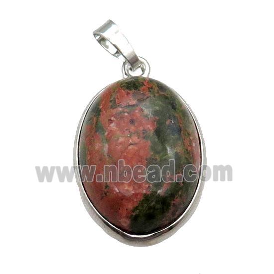 Unakite Oval Pendant Platinum Plated