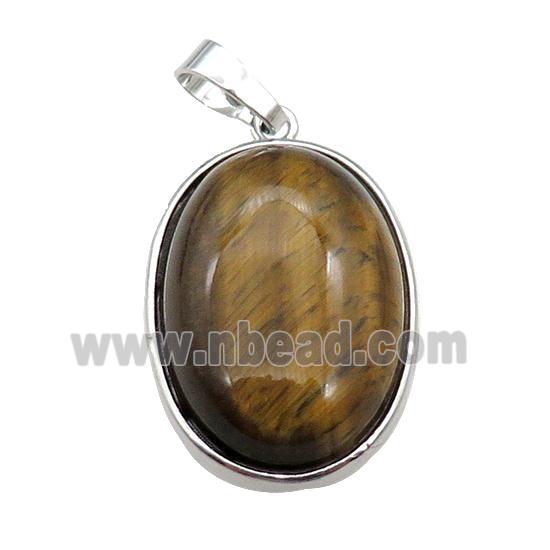 Tiger Eye Stone Oval Pendant Platinum Plated