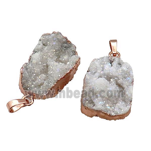 White Quartz Druzy Pendant Freeform AB-Color Rose Gold