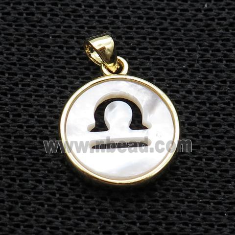 White MOP Shell Circle Pendant Zodiac Libra Gold Plated