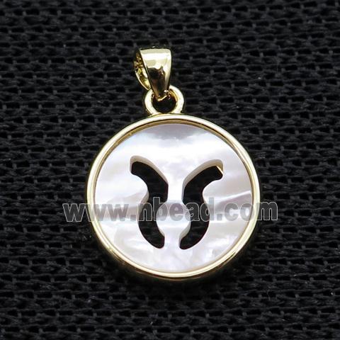 White MOP Shell Circle Pendant Zodiac Leo Gold Plated