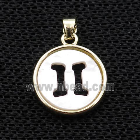 White MOP Shell Circle Pendant Zodiac Gemini Gold Plated