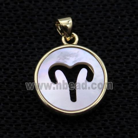 White MOP Shell Circle Pendant Zodiac Aries Gold Plated