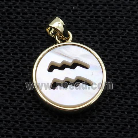 White MOP Shell Circle Pendant Zodiac Aquarius Gold Plated