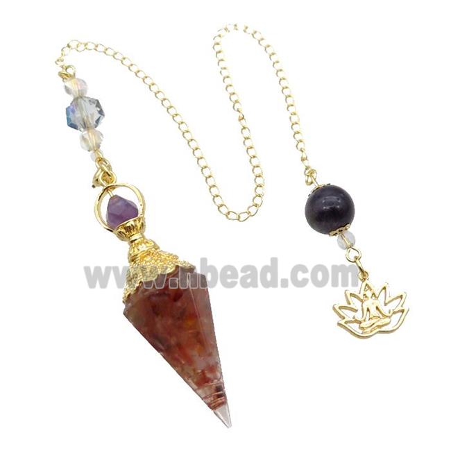 Red Carnelian Agate Chips Resin Pendulum Pendant Chakra Gold Plated