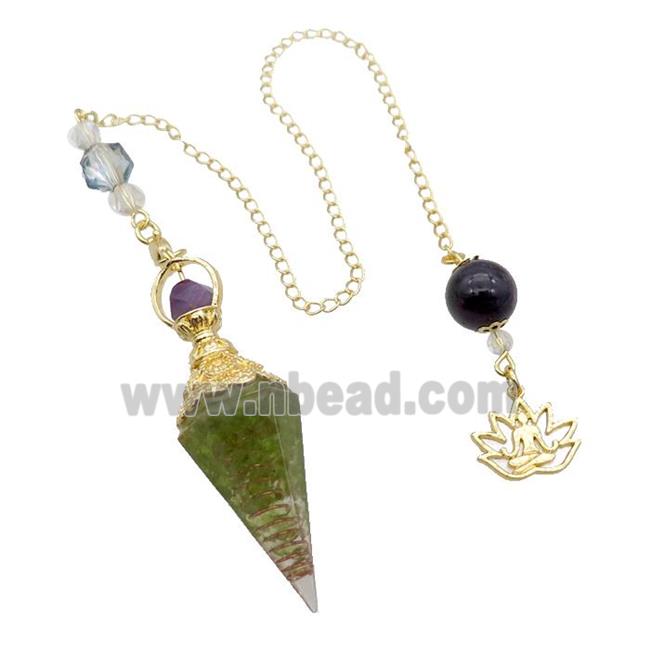 Green Peridot Chips Resin Pendulum Pendant Chakra Gold Plated