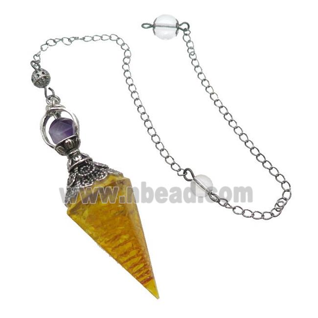 Yellow Citrine Chips Resin Pendulum Pendant Antique Silver