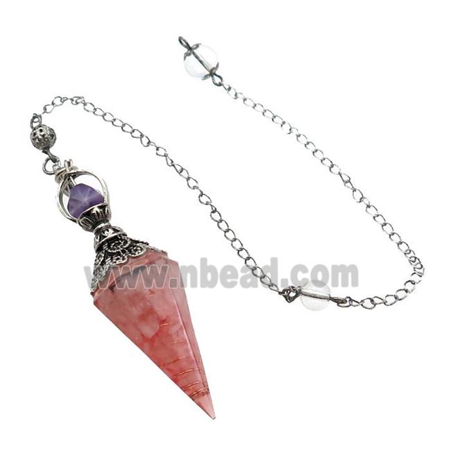 Pink Rose Quartz Chips Resin Pendulum Pendant Antique Silver