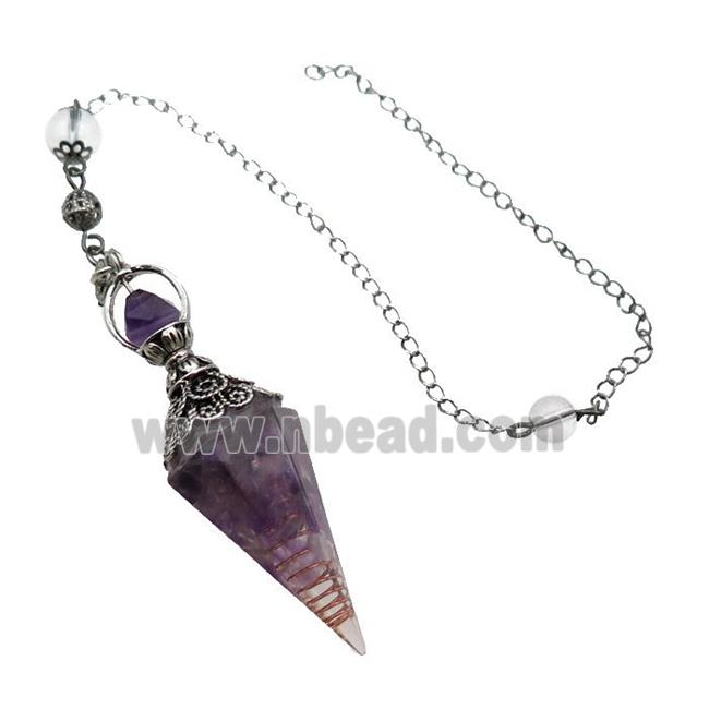 Purple Amethyst Chips Resin Pendulum Pendant Antique Silver