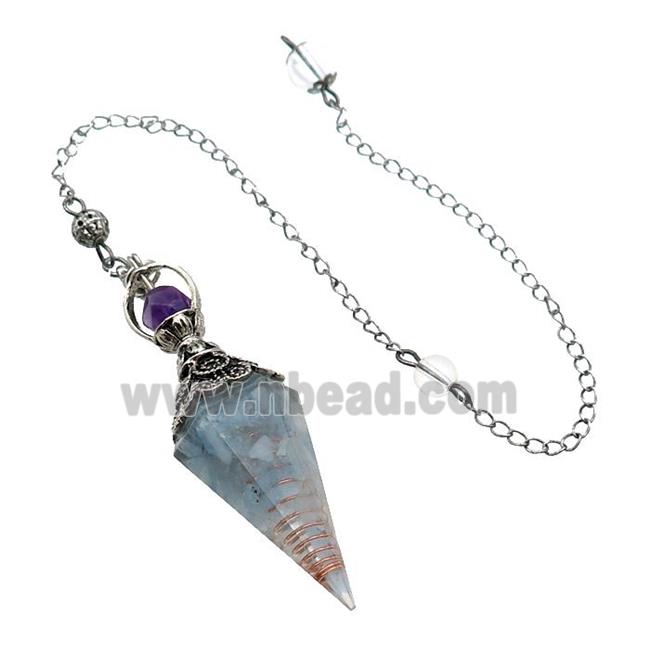 Blue Aquamarine Chips Resin Pendulum Pendant Antique Silver