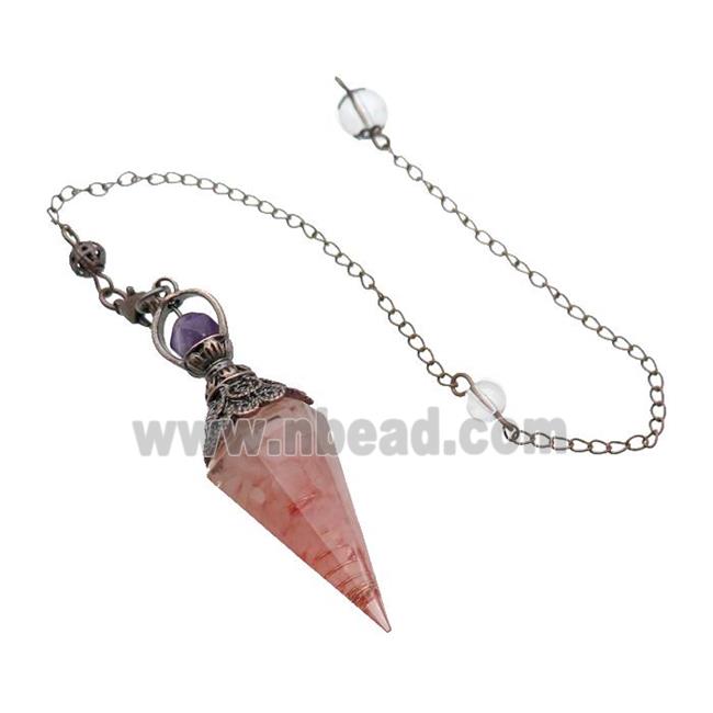 Pink Rose Quartz Chips Resin Pendulum Pendant Antique Red