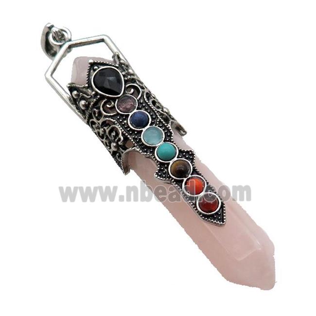 Pink Rose Quartz Prism Pendant Alloy Chakra Antique Silver