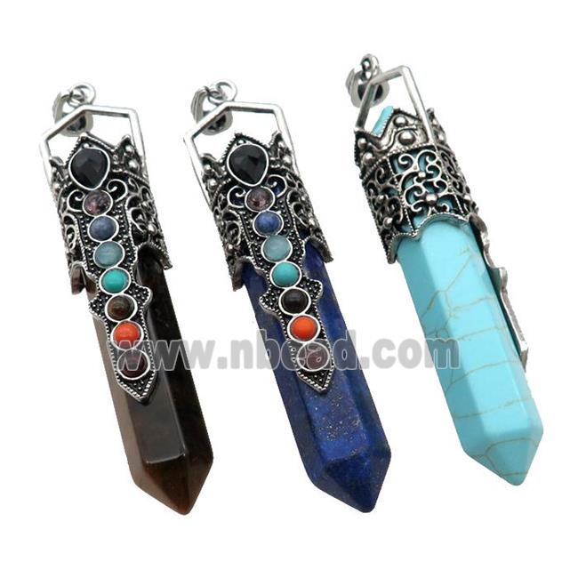 Mix Gemstone Prism Pendant Alloy Chakra Antique Silver