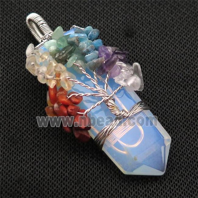 White Opalite Bullet Pendant Chakra Tree Wire Wrapped